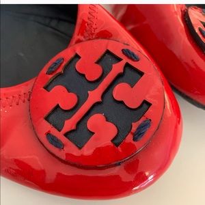 Tory Burch Red & Navy Leather Logo Flats